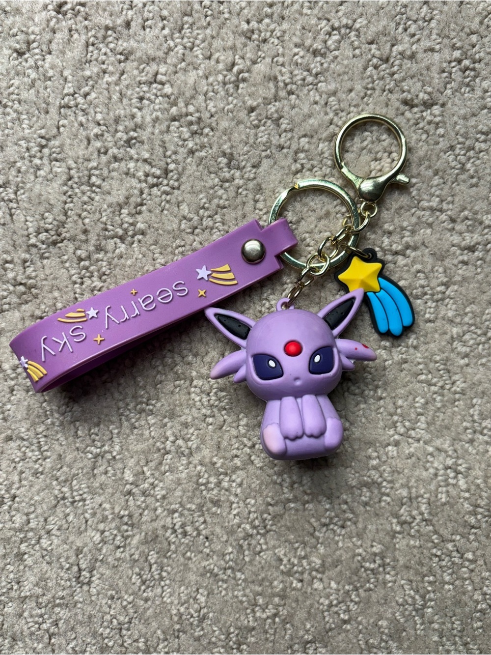 Purple Espeon-Style Keychain Charm with Star Accent